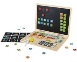 Lupilu Houten Laptop - Oefen Spelenderwijs (klok)lezen en rekenen - vanaf 3 jaar - 78 magnetische letters, cijfers en rekenkundige tekens - Met mobiele telefoon en beschrijfbaar bord - Incl. spons en 2 stuks krijt - 84-delig