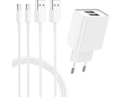 Adapter USB Stekker met 2 USB Poorten + 2x USB naar 8-PIN Kabel - 2 Meter - Geschikt voor iPhone - 12W Opladen - Thuislader - Dual USB Poort Quick Charge - Dubbele USB-A Poort - Blokje