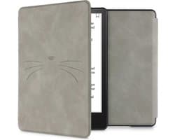 kwmobile e-reader hoesje geschikt voor Amazon Kindle Paperwhite 11. Generation 2021 hoes - Ereader flip case met standaard - Kunstleren e reader cover - Kat Miauw design in grijs