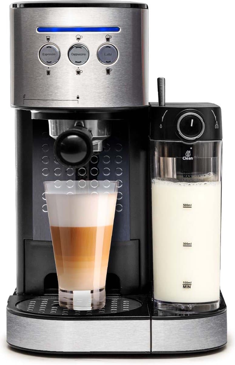 BluMill Koffiemachine - Pistonmachine - Incl. automatische melkschuimer & 2 portafilters - 1,2 Liter Waterreservoir - Zilver — afbeelding 1