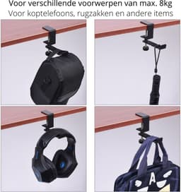 Koptelefoon houder - Gaming headset hanger - Headset stand - Haak - Bureau klem - Kabel organiser - Clip - Mount - Tas houder - Bureau beugel - zwart — thumbnail 2