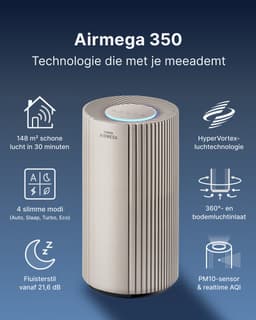 Coway Airmega 350 Luchtreiniger - Voor ruimtes tot 185 m² - HEPA filter + koolstoffilter - 713 m³/u - Tegen stof, pollen en allergenen - Energiebesparende modus - ECARF gecertificeerd - Beige — thumbnail 2