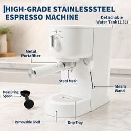 Professionele Espressomachine - 15 Bar - 1500W Thermoblock - Met Stoompijpje - 58mm Siebträger - 1.25L Waterreservoir - Compact - Voor Cappuccino en Latte - Thuis en Kantoor — thumbnail 3