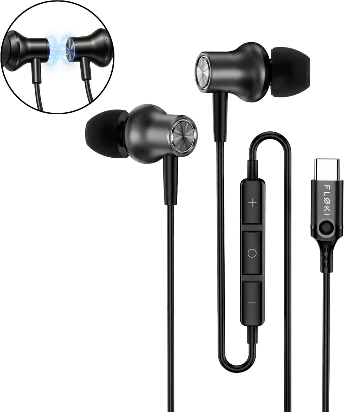 Floki® Oortjes met draad USB-C - Metalen behuizing - Anti klit - Noise Reduction - Oordopjes met Microfoon - Earbuds — afbeelding 1
