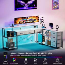 Vurnomi Bureau - Hoekbureau - Gaming bureau - L vormig bureau - Hoekbureau gaming - LED Verlichting - 200 x 148 cm - Wit — thumbnail 3