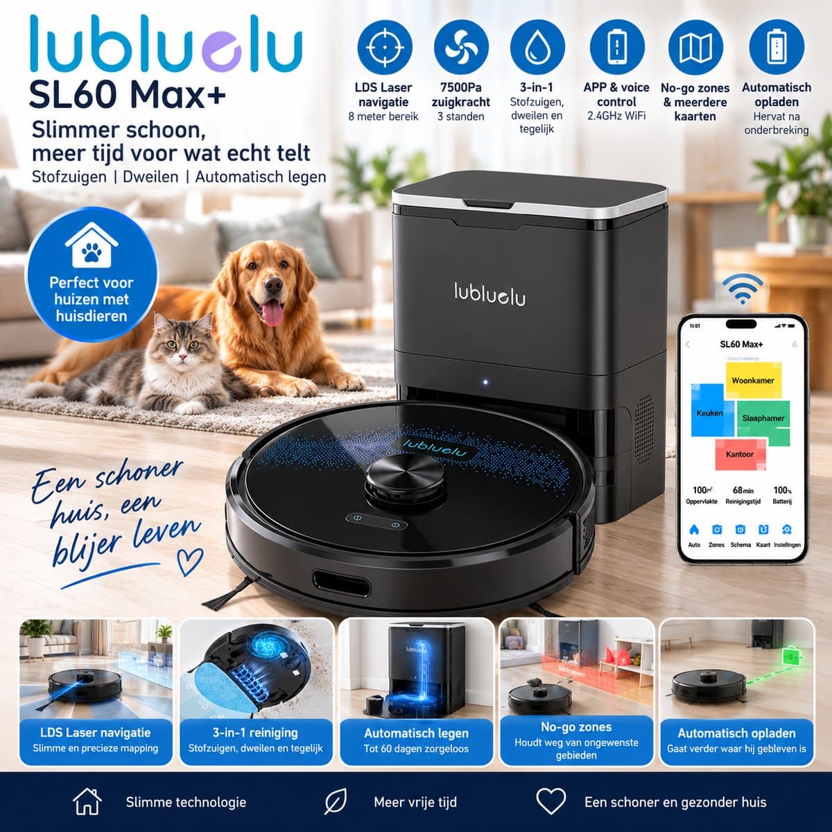 Lubluelu SL60 Max+ Robotstofzuiger met Dweilfunctie – 7500Pa – LDS Lasernavigatie – Automatisch Legen – App & Spraakbediening — afbeelding 1