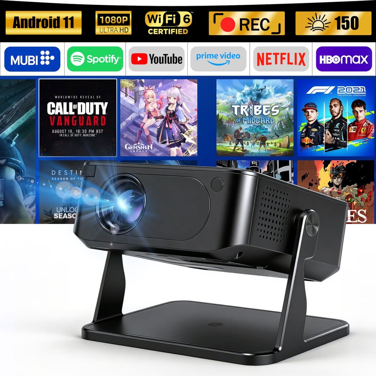 Android Beamer WiFi6 & BT 5.0 Portabler Projektor Mini Beamer LCD-Beamer (1280x720dpi px, interner Lautsprecher, Android 11.0 mit über 7.000 Apps) — afbeelding 1