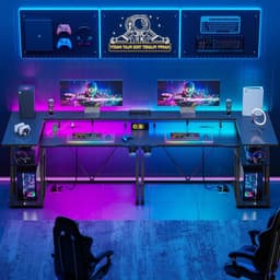 Gaming Bureau met LED Verlichting - 100 X 88 X 65 cm - L-Vormig Hoekbureau met Stopcontacten - Compact Game Bureau - Rek met 3 Niveaus - Met Monitor Standaard - Zwart Koolstofvezel — thumbnail 3