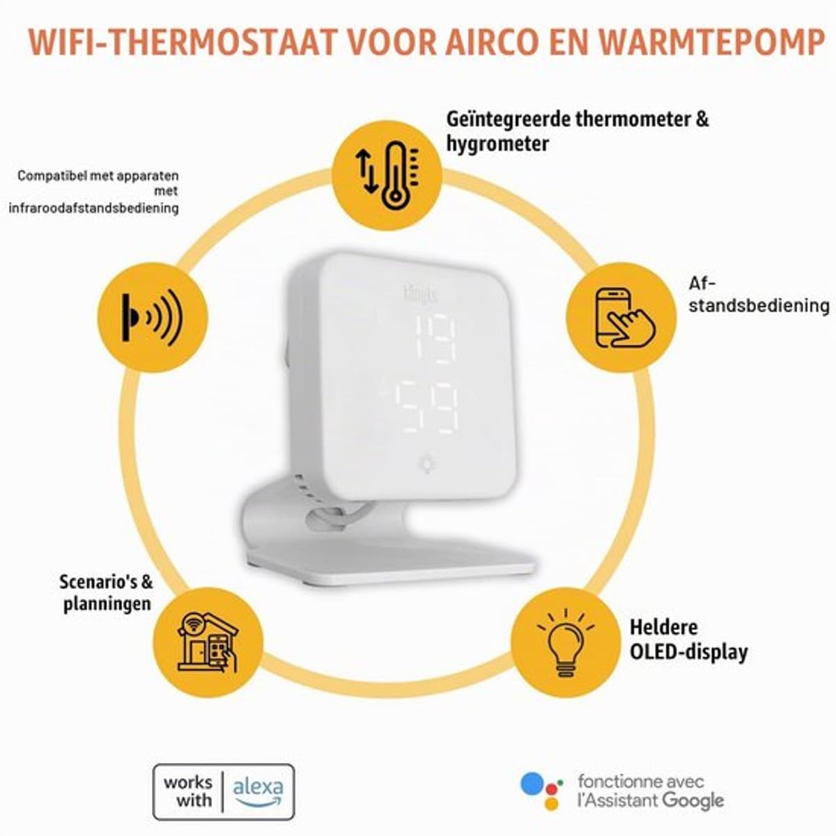 WLAN-thermostaat voor airconditioners en lucht-warmtepompen, afstandsbediening, spraakbediening, thermometer en hygrometer — afbeelding 1