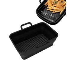1 stuk Siliconen frituurmandje - Opvouwbaar met dubbele uittrekbare opbergruimte - Speciaal bakblik voor airfryer - Universeel te gebruiken in oven en magnetron - 12,7 cm × 19,56 cm × 7,01 cm - Geschikt voor airfryer, oven en magnetron - Zwart
