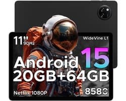 DOOGEE TAB A9+ - Tablet - 20GB RAM + 64GB ROM(2TB/TF) - 11 inth HD IPS 90Hz - Android 15 - 8580 mAh - Unisoc T7200 - 5G WiFi - Dubbele luidsprekers- Face ID - Zwart