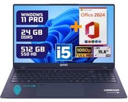 Krachtige 15.6" Full HD Notebook | Snelle Intel Core i5 & 512GB SSD | 24GB DDR5 Geheugen | Windows 11 Pro Editie + Office 2024 voor Zakelijk, Thuis en Studie