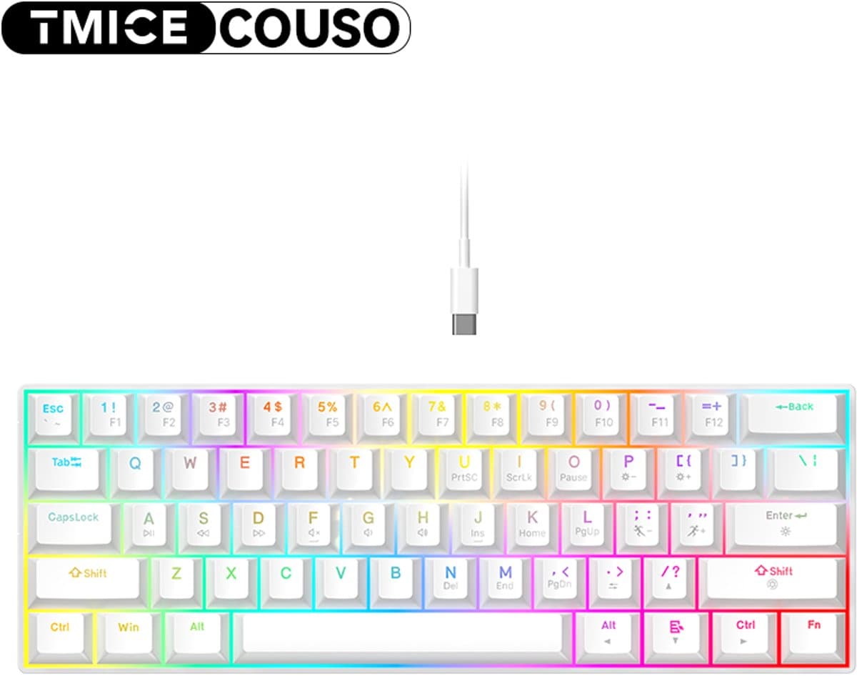 TMICE CX23 – 60% Mechanical Keyboard – Blue Switch – RGB Backlight – Wit Mechanisch Gaming Toetsenbord – Compact Wired Type-C – 61 Keys – Anti-Ghosting – Ergonomic Design — afbeelding 1