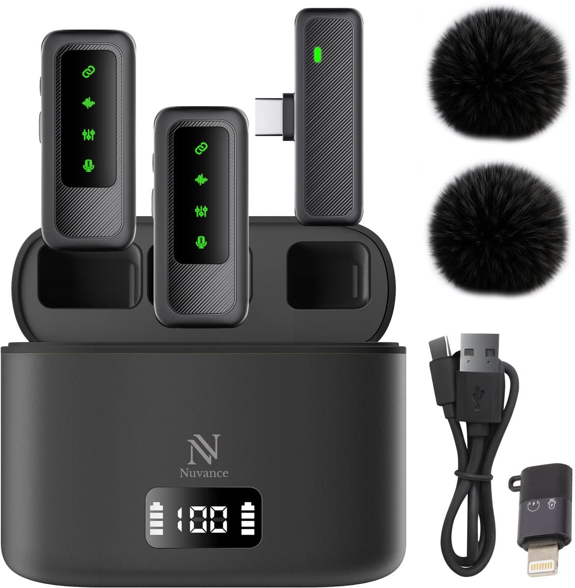 Nuvance Draadloze Microfoon - 2 Stuks - Oplaadcase - Mini Dasspeld Microfoon - Lavalier - USB C - Incl. 2 Windshields — afbeelding 1