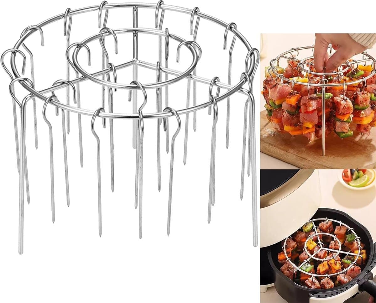 JeiibrZui Airfryer Rek - Airfryer Verticaal Rek - Rond Zwevend Ontwerp Voor 30 Spiesjes Gelijkmatig Grillen - 1 - Geschikt Voor Standaard Airfryers Zilver — afbeelding 1