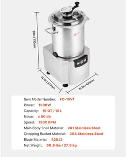 Keukenmachine - Groentehakker 18 L - Voedselveilig RVS - S‑vormig Mes - Met Schraper - Multifunctioneel Voor Groenten, Fruit, Granen, Noten — thumbnail 4
