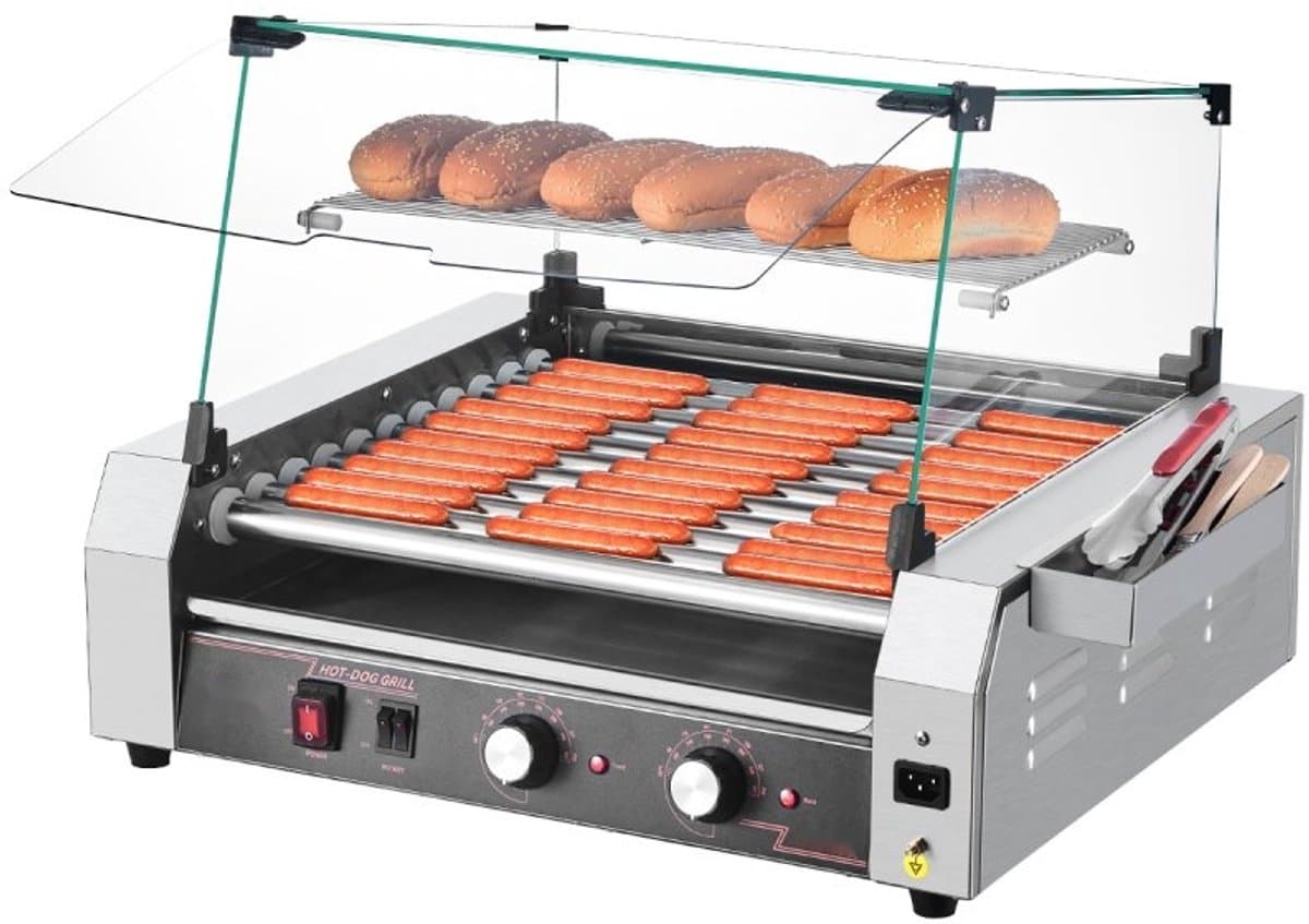 Elektrische Hotdog Machine - Rollergrill - 11 Rollen - 2200 W - Met Deksel - 2 Temperatuurregelaars - RVS Behuizing - Uitneembare Lekbak — afbeelding 1