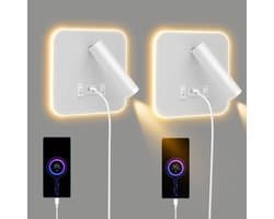 Een set van 2 LED-wandlampen voor binnen, bestaande uit een leeslamp met schakelaar, 360° draaibaar, een bedlamp van 3000K en een verstelbare spot (wit).