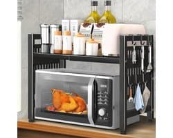 Uitbreidbaar magnetronrek met ophanghaken - Keukenorganizer 2-traps en metalen magnetronhouder