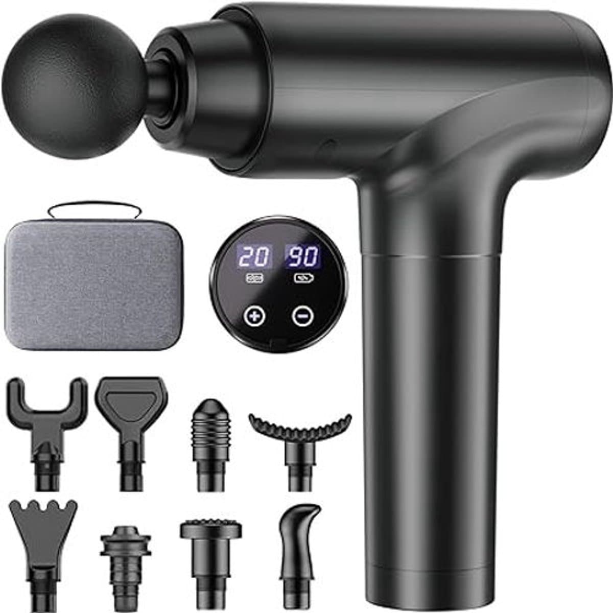 Massagepistool met LED-Touchscreen – 20 Snelheden – 9 Massagekoppen – Stil Percussie Massageapparaat – Inclusief Draagtas — afbeelding 1