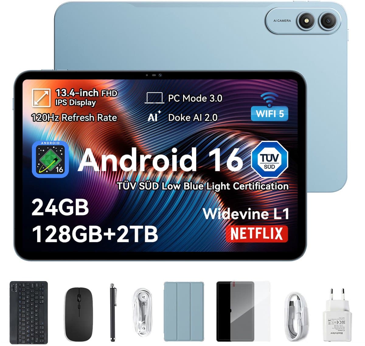 OSCAL Pad 200 Tablet - 24GB RAM - 128GB ROM - 13.4 Inch Full HD - 8300mAh AI Tablet - Android 16 - Met Toetsenbord(QWERTY), Beschermhoes, Muis, Stylus - Blauw — afbeelding 1