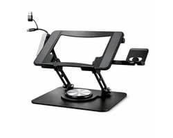 Excluzivo Ergonomische Laptopstandaard met USB-Hub en Telefoonhouder – Verstelbaar en 360° Draaibaar – Geschikt voor Laptops 10 tot 17,3 Inch – Zwart