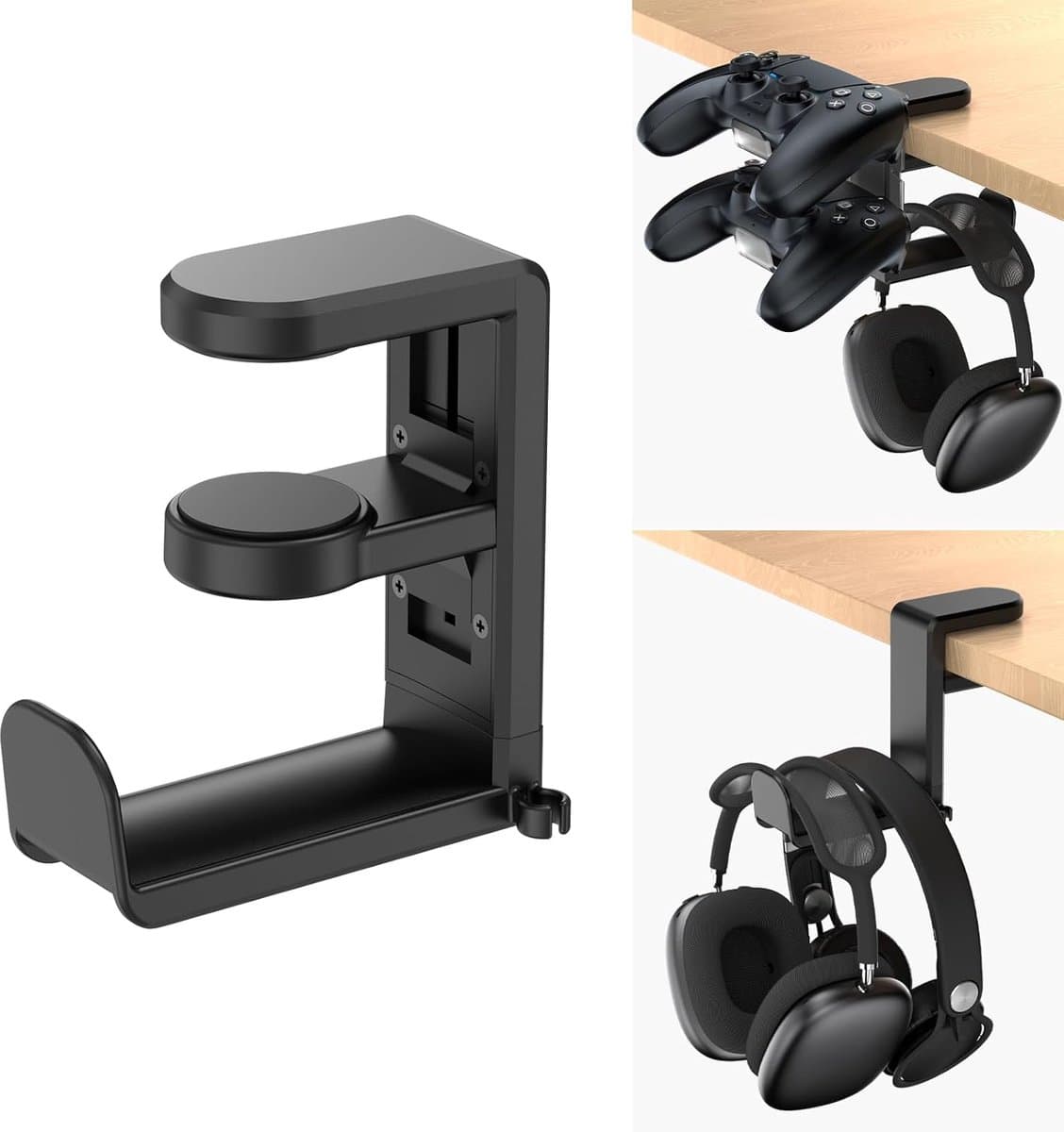 Draaibare hoofdtelefoonstandaard - Hoofdtelefoonhaak - Hoofdtelefoonstandaard voor pc-gaming - Verstelbare clip-on bureauhouder - 360 graden draaibaar - Kabelclip voor opbergen - Zwart — afbeelding 1