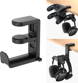 Draaibare hoofdtelefoonstandaard - Hoofdtelefoonhaak - Hoofdtelefoonstandaard voor pc-gaming - Verstelbare clip-on bureauhouder - 360 graden draaibaar - Kabelclip voor opbergen - Zwart — thumbnail 1
