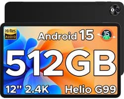 DOOGEE T40 PRO Tablet - 12 inch 2.4K - Android 15 - Helio G99-processor -20 GB RAM + 512 GB / 2 TB TF - gamingtablet - 10800 mAh/18W - 16 MP + 8 MP camera's - ondersteunt 4G dual SIM dual standby - 5G wifi - GPS - Widevine L1 - 4 x Smart PA