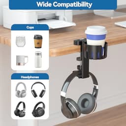 2 in 1 Bureau Bekhouder met Hoofdtelefoon Hanger - Draaiende Onder Bureau Hanger voor Gaming - Geschikt voor Koffiemokken en Waterbekers — thumbnail 3