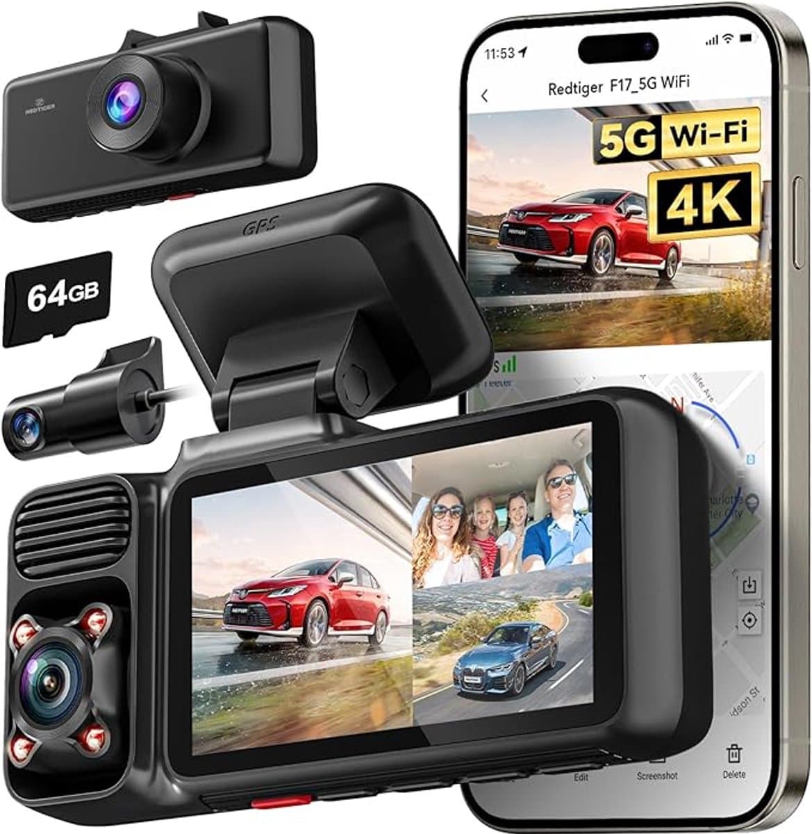 REDTIGER F17 3-kanaals dashcam - 4K+1080P+1080P resolutie - 5GHz wifi - GPS - Parkeermodus - G-sensor - 3 inch touchscreen - met 64GB geheugenkaart & IR-nachtzicht - Drievoudige autodashcam — afbeelding 1