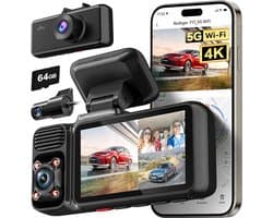REDTIGER F17 3-kanaals dashcam - 4K+1080P+1080P resolutie - 5GHz wifi - GPS - Parkeermodus - G-sensor - 3 inch touchscreen - met 64GB geheugenkaart & IR-nachtzicht - Drievoudige autodashcam