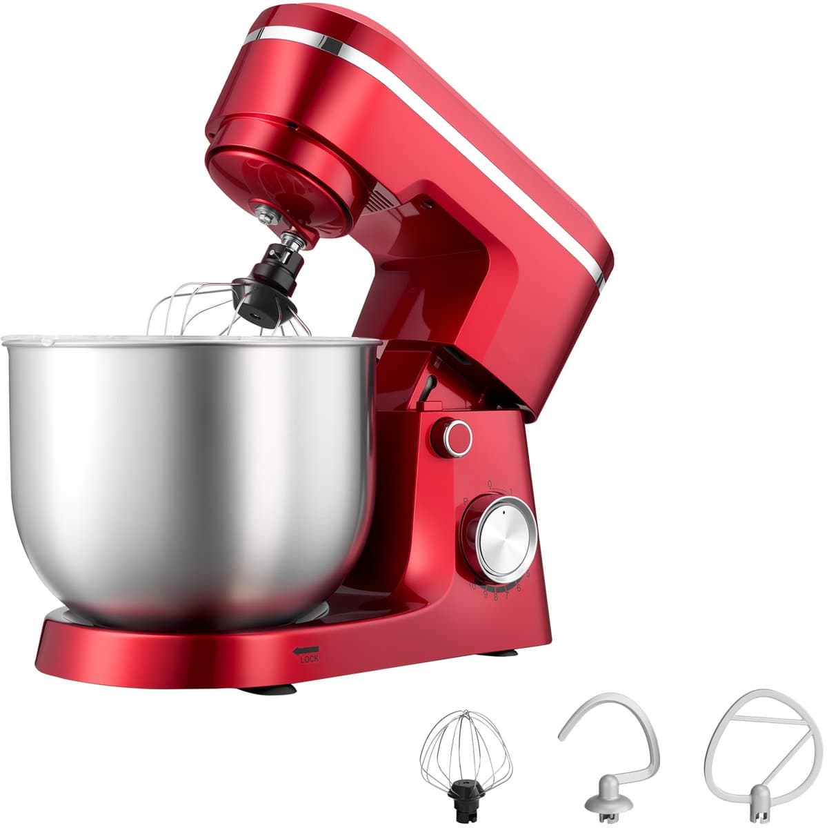 5,7 L Elektrische Standmixer, 1500W Keukenapparaat met 10 Instelbare Snelheden, Kantelbaar Kopontwerp, Roestvrijstalen Kom, Deeghaak, Garde en Klopper voor Bakken, Mixen, Kloppen en Kneden, Zilver — afbeelding 1