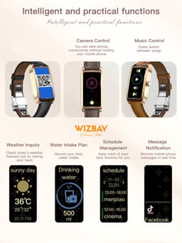 WizBay Premium Select® 1.13 Inch AMOLED Smartwatch Goud met Donker Bruin Leren Band – Hartslag, Bloeddruk SpO₂ Monitoring – Fitness Tracker – Elegant Vierkant Design – Android iOS — thumbnail 4