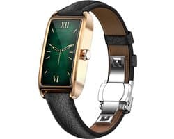 WizBay Premium Select® 1.13 Inch AMOLED Smartwatch Goud met Zwarte Leren Band – Hartslag, Bloeddruk SpO₂ Monitoring – Fitness Tracker – Elegant Vierkant Design – Android iOS