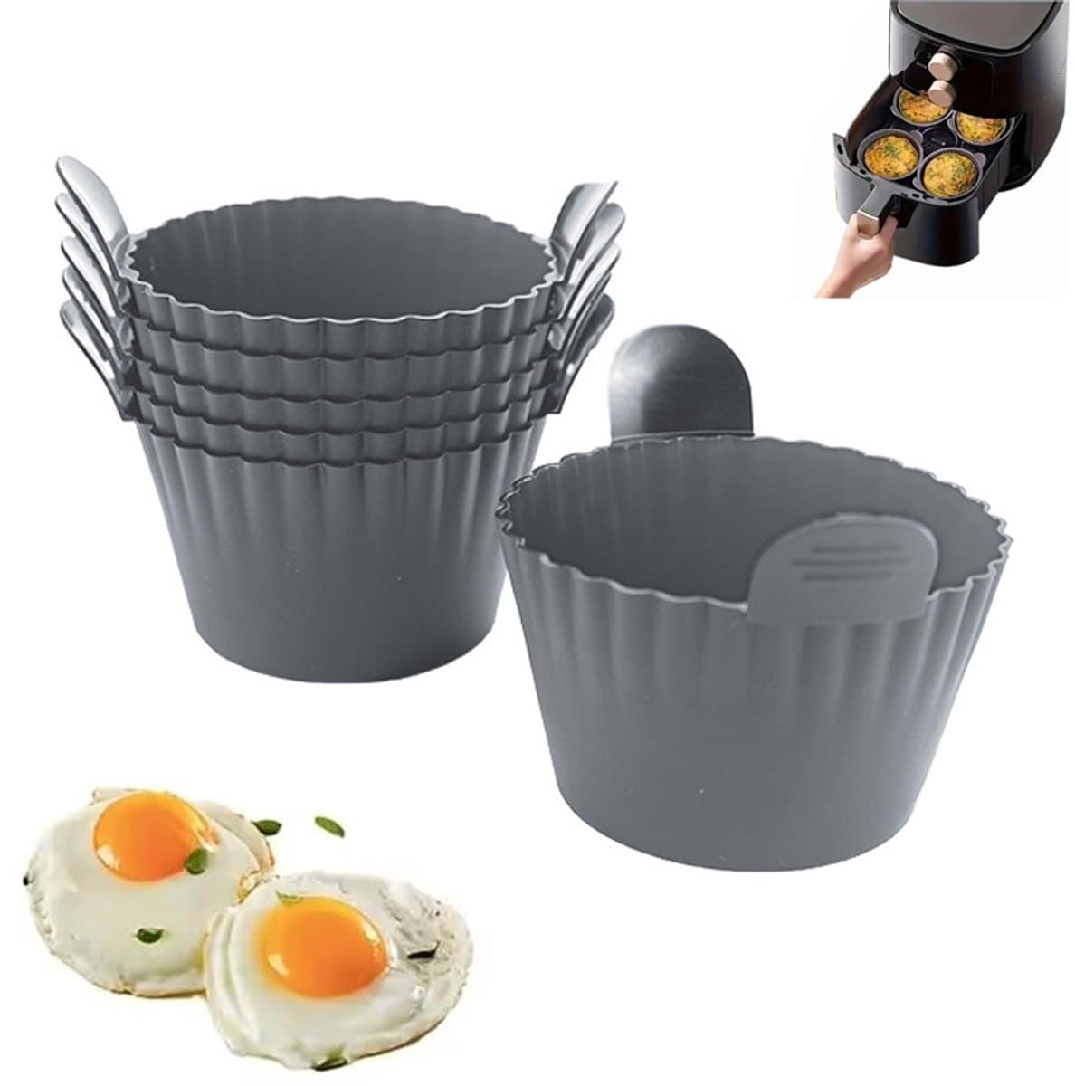 6-stuks Airfryer eivorm - Airfryer accessoires - Siliconen eierdopjes - Airfryer siliconen vormpjes - Cake bakvormpjes - Anti-aanbak Airfryer accessoires - Geschikt voor eieren, cupcakes, muffins, puddingen, eierpasteitjes - Grijs — afbeelding 1