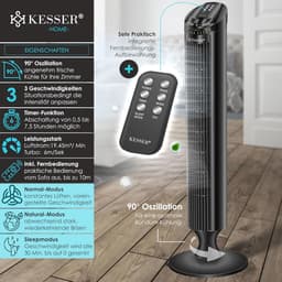 Torenventilator met afstandsbediening | 90° oscillatie | 3 snelheden | 90 cm | Timerfunctie | Geluidsarm | Elegante voetventilator — thumbnail 5