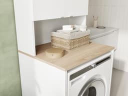 Wasmachinekast voor Badkamer of Keuken - Hoge Kast met Bovenbouw voor Wasmachine en Wasdroger - Wit en Eiken - 210 x 65 x 50/25 cm — thumbnail 3