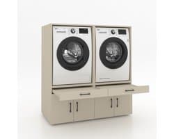 Wasmachinekast Dubbel 134x145x67cm | Ruimtebesparend & Super Stevig | Met Uitschuiflade | Voor Wasmachine en Droger | Greige