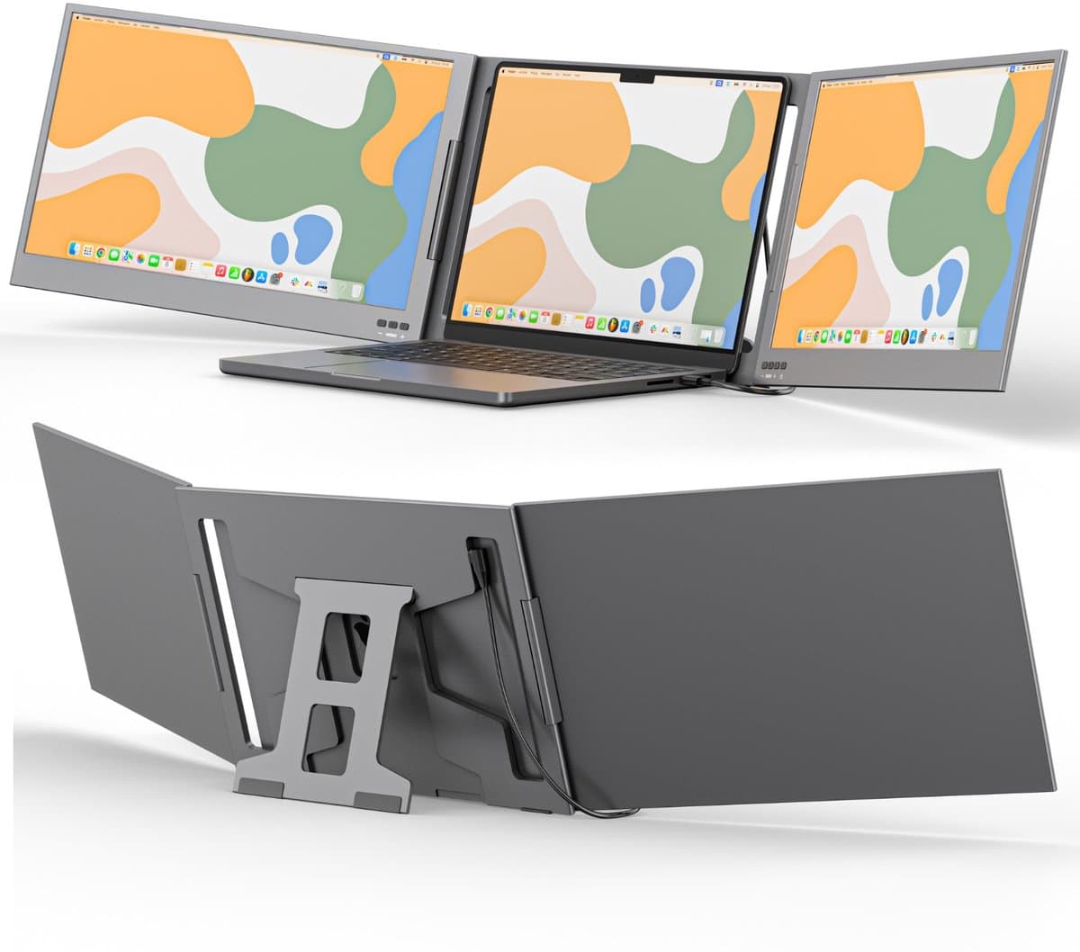 VisionMate Portable Monitor 15.6 inch Tri-screen - 1 Kabel Variant - Draagbare Monitor voor Laptop - USB-C & USB - Extra scherm laptop - Icd Display - Draagbaar laptop beeldscherm uitbreider - Plug & Play — afbeelding 1