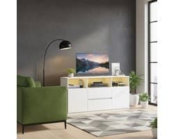 Modern TV-meubel met RGB LED-verlichting – TV-kast voor televisies tot 65 inch – Witte TV-standaard met 2 lades, 3 open vakken en kabelmanagement – Woonkamer en Slaapkamer – Elegante Minimalistische Design Depauwwonen