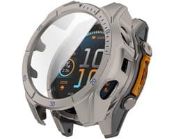 Screenprotector case - geschikt voor Garmin Tactix 8 AMOLED 47mm - full cover hoesje - gehard glas - 47 mm - volledige bescherming - titanium blauw