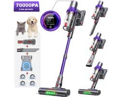 RAYOFI Steelstofzuiger - 70000 Pa - Touchscreen en anti-verwarringfunctie - Max 60 Min Werktijd - 1,5 L Stofbak - Geschikt voor tapijt, harde vloeren en dierenhaar - Paars - 2 jaar garantie