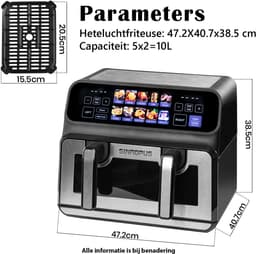 Digitale Airfryer Sinaopus 802 XXL 9L – Heteluchtfriteuse met Dubbele Mand en DualMand Onafhankelijke Snelle Opwarming – Voor Gezinnen – 10 Programma’s – Kijkvenster – Makkelijk te Reinigen – Capaciteit voor 4 Personen — thumbnail 7