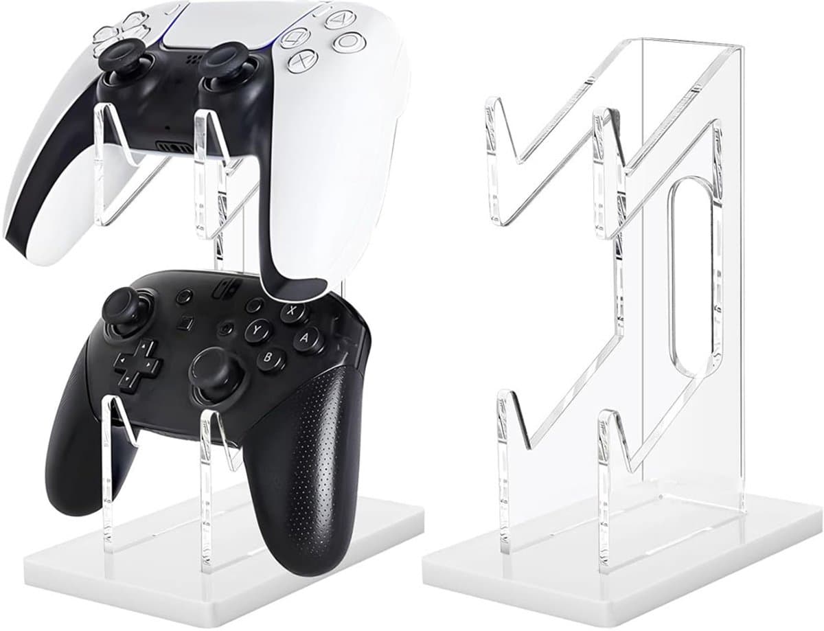 Gamecontrollerstandaard, 2 niveaus - Universele standaard voor twee controllers - Hoofdtelefoonstandaard - Witte acryl displaystandaard - Bureaustandaard - Transparant — afbeelding 1