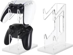 Gamecontrollerstandaard, 2 niveaus - Universele standaard voor twee controllers - Hoofdtelefoonstandaard - Witte acryl displaystandaard - Bureaustandaard - Transparant — thumbnail 1