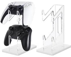 Gamecontrollerstandaard, 2 niveaus - Universele standaard voor twee controllers - Hoofdtelefoonstandaard - Witte acryl displaystandaard - Bureaustandaard - Transparant