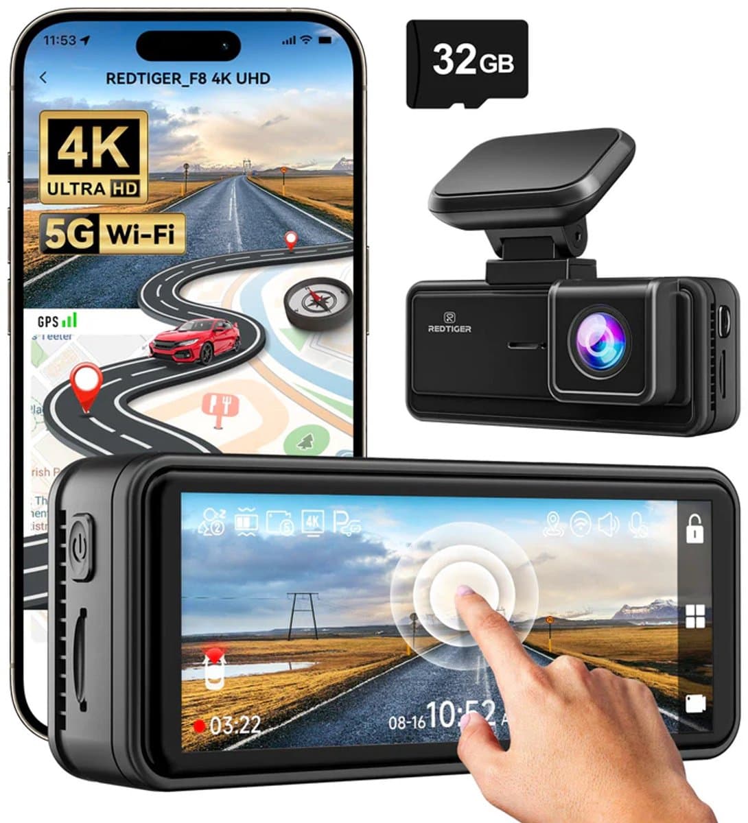 Redtiger F8 dashcam - Front 4K Resolution - 5GHz wifi - GPS - -Night Vision -Parkeermodus - G-sensor - 3,18 inch touchscreen - Dashcam voor in de auto — afbeelding 1