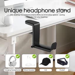 Koptelefoon standaard - Hoofdtelefoon hanger - Koptelefoon houder voor onder bureau - Headset hanger - Headset standaard - Opbergrek - Haken - met 360 graden draaibare haak en kabelclip - voor hoofdtelefoons, petten, brillen - zwart — thumbnail 5
