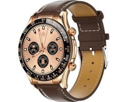 Darenci Smartwatch Superior Pro - Smartwatch heren - Activity Tracker - Touchscreen -  Bluetooth bellen - Bluetooth muziek - Lederen band - Heren - Horloge - Stappenteller - Bloeddrukmeter - Verbrande calorieën-Zuurstofmeter-Waterdicht-Roségoud/Bruin